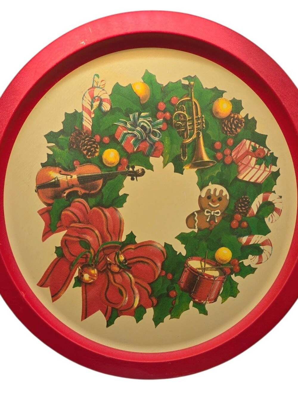 Vintage Christmas Round Tin Serving Tray Holiday Wreath Red Bow Candy Cane 12”